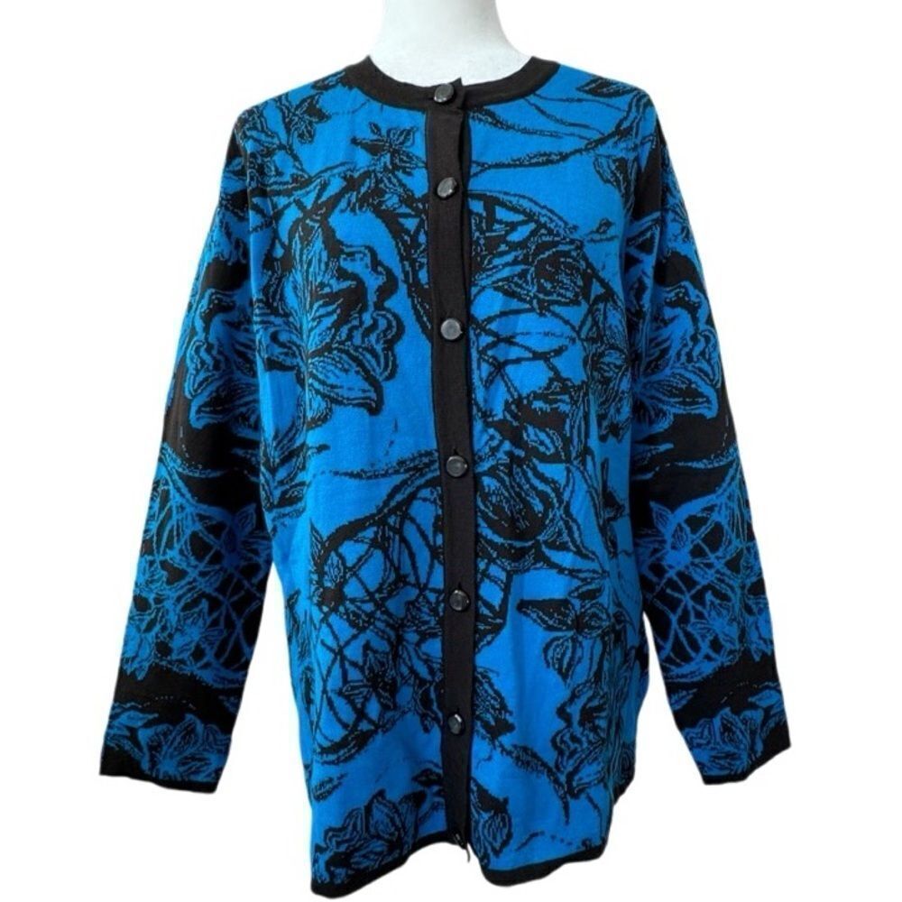 Dennis Basso Cardigan Blue Brown Floral Button Down Size M NWT
